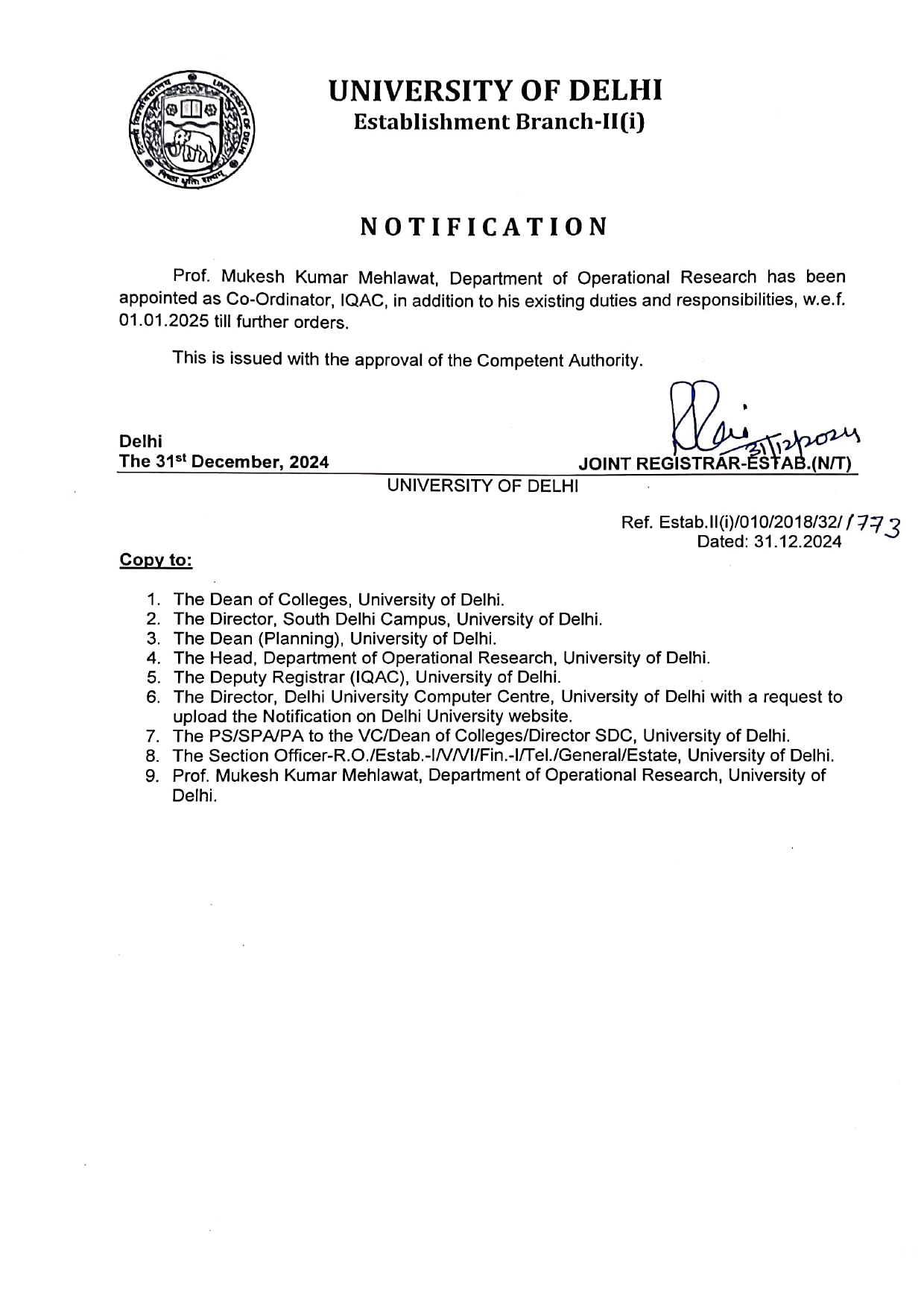 Regarding appointment as Co-Ordinator, IQAC